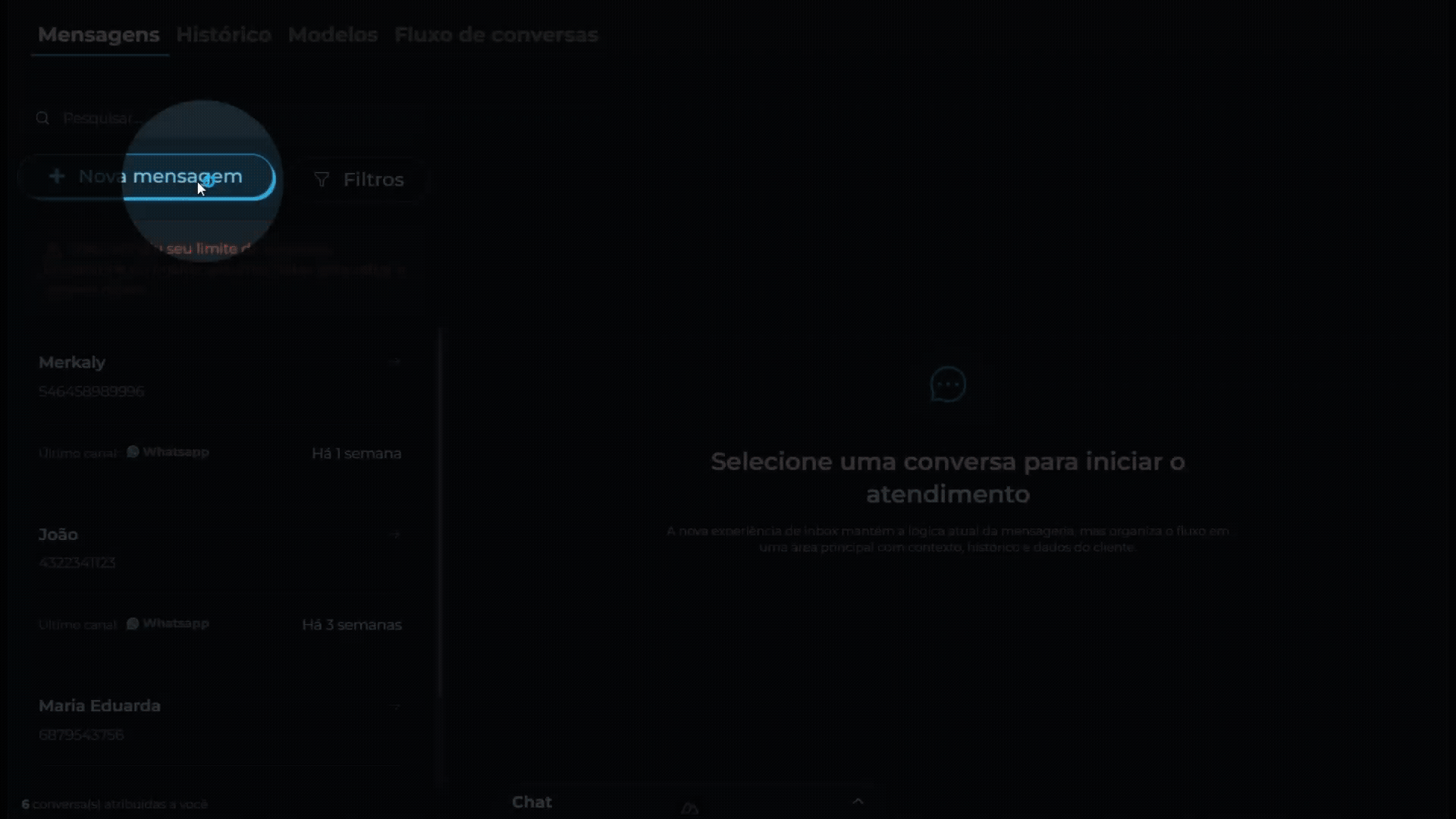 Botão de iniciar nova conversa e formulário